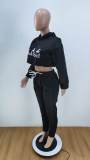 Black Letter Print Women Sweatpants Pullover Hoodies Crop Top Jogging Suit Outfits
