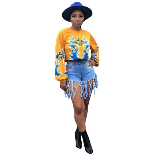 Yellow Fire Element Printed Long Sleeve O Neck T-shirt