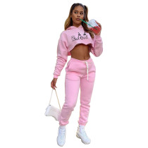 Pink Letter Print Women Sweatpants Pullover Hoodies Crop Top Jogging Suit Outfits
