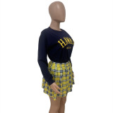 Casual Long Sleeve Printed Plaid Pleated Skirt Set