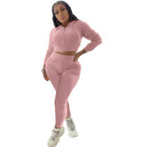 Casual Pink Two Piece Set Zipper Drawstring Hoodie Crop Top And Pants Tracksuit Women Set