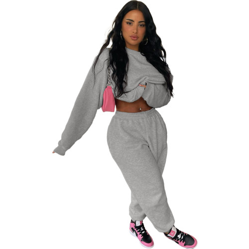 Casual Grey Sweatsuit Loose 2 Piece Women Winter Clothes with Pocket