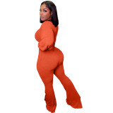 Orange Designer Clothes Famous Brands Women Woolen Knit Lantern Sleeve Crop Top Flared Pants Set