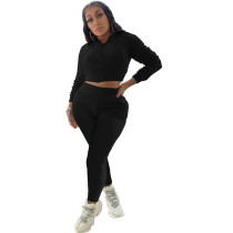 Casual Black Two Piece Set Zipper Drawstring Hoodie Crop Top And Pants Tracksuit Women Set