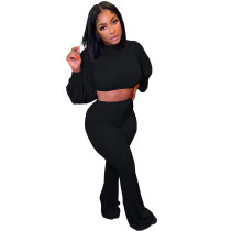 Black Designer Clothes Famous Brands Women Woolen Knit Lantern Sleeve Crop Top Flared Pants Set