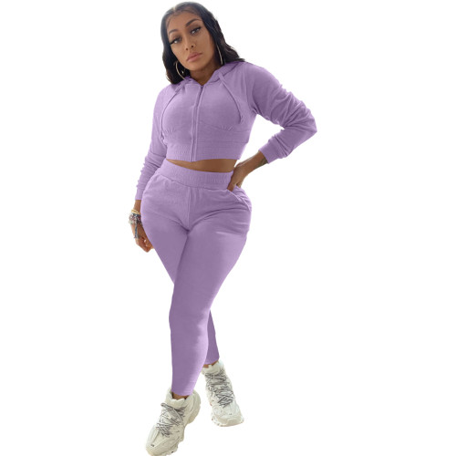 Casual Purple Two Piece Set Zipper Drawstring Hoodie Crop Top And Pants Tracksuit Women Set