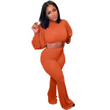 Orange Designer Clothes Famous Brands Women Woolen Knit Lantern Sleeve Crop Top Flared Pants Set