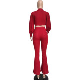 Wine Red Designer Clothes Famous Brands Women Woolen Knit Lantern Sleeve Crop Top Flared Pants Set