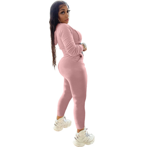 Casual Pink Two Piece Set Zipper Drawstring Hoodie Crop Top And Pants Tracksuit Women Set