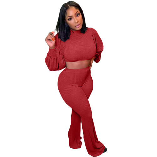 Wine Red Designer Clothes Famous Brands Women Woolen Knit Lantern Sleeve Crop Top Flared Pants Set