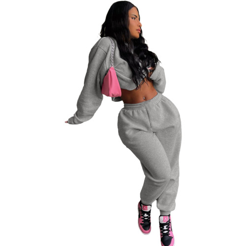 Casual Grey Sweatsuit Loose 2 Piece Women Winter Clothes with Pocket