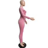 Solid Color Pink Velvet Pocket Zipper Sports Women Sweat Suit Sets