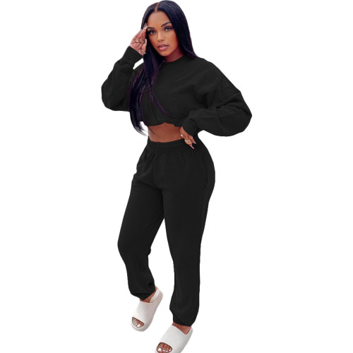 Casual Black Sweatsuit Loose 2 Piece Women Winter Clothes with Pocket