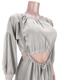 Solid Color Grey Two Piece Pockets Pleated Crop Top and Strap Wide Leg Trousers