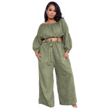 Solid Color Army Green Two Piece Pockets Pleated Crop Top and Strap Wide Leg Trousers