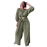 Solid Color Army Green Two Piece Pockets Pleated Crop Top and Strap Wide Leg Trousers