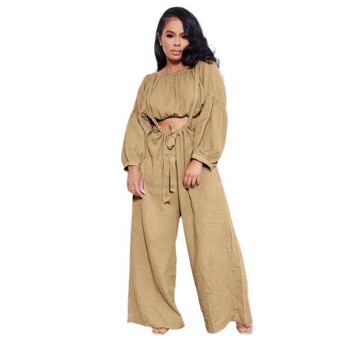 Solid Color Khaki Two Piece Pockets Pleated Crop Top and Strap Wide Leg Trousers