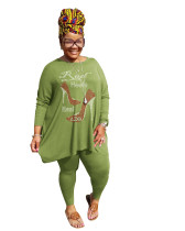 Hot Drilling Green Plus Size 5XL Round Neck Two Pieces Fall Set
