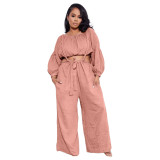 Solid Color Pink Two Piece Pockets Pleated Crop Top and Strap Wide Leg Trousers