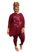 Hot Drilling Wine Red Plus Size 5XL Round Neck Two Pieces Fall Set