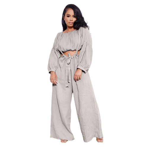 Solid Color Grey Two Piece Pockets Pleated Crop Top and Strap Wide Leg Trousers