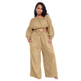 Solid Color Khaki Two Piece Pockets Pleated Crop Top and Strap Wide Leg Trousers