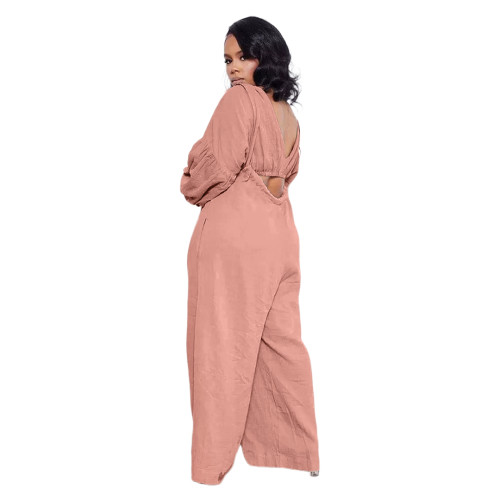 Solid Color Pink Two Piece Pockets Pleated Crop Top and Strap Wide Leg Trousers