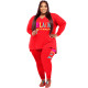 Casual Red Print Letter Split Joint V Neck Plus Size Two Pieces