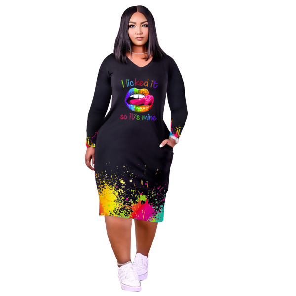 Loose Casual Plus Size Printed Lips Letter Party Dress