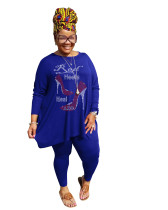 Hot Drilling Blue Plus Size 5XL Round Neck Two Pieces Fall Set