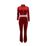 Solid Color Wine Red High Neck Zipper Crop Top & Drawstring Flared Pants with 4 Pocket