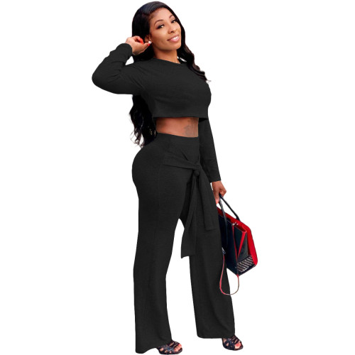 Solid Color Black Umbilical Tying Bandage Round Neck Crop Top 2 Piece Set For Fall