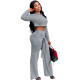 Solid Color Grey Umbilical Tying Bandage Round Neck Crop Top 2 Piece Set For Fall