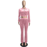 Autumn Winter Pink Velvet Sports Sweatshirt Crop Top and Trousers