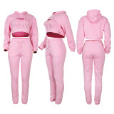 Pink Cotton Fleece Drawstring Jogging Tracksuit  Hollow Hoodie Blouse Pants Set and Vest