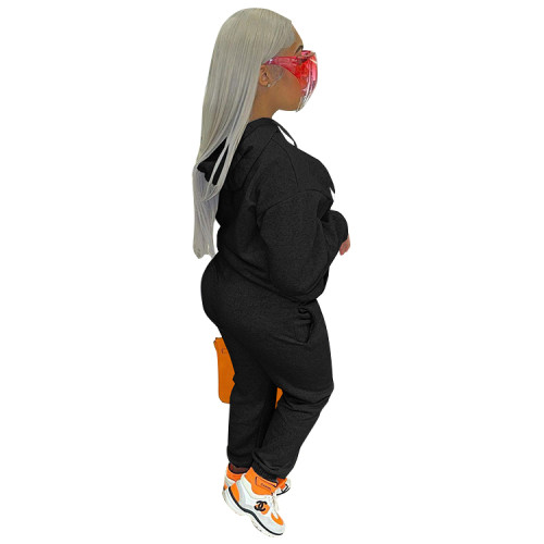 2021 Boutique Clothing Women Black Sports Embroidery Letter 2 Piece Set Hoodie