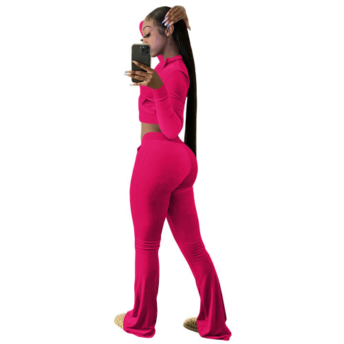 Solid Color Rose High Neck Zipper Crop Top & Drawstring Flared Pants with 4 Pocket
