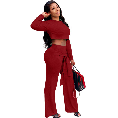 Solid Color Wine Red Umbilical Tying Bandage Round Neck Crop Top 2 Piece Set For Fall