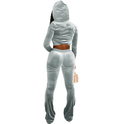 Grey Velour Winter Clothes Autumn Winter Velvet Hooded Casual Pants Sets For Women