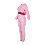 Pink Cotton Fleece Drawstring Jogging Tracksuit  Hollow Hoodie Blouse Pants Set and Vest