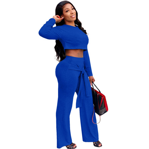 Solid Color Royal Blue Umbilical Tying Bandage Round Neck Crop Top 2 Piece Set For Fall