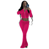 Solid Color Rose High Neck Zipper Crop Top & Drawstring Flared Pants with 4 Pocket