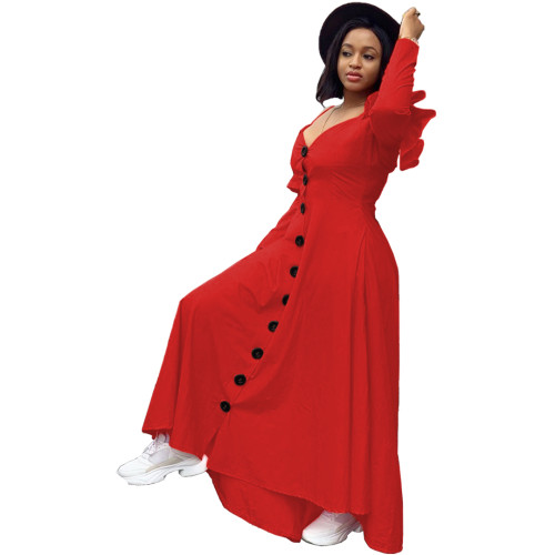 Casual Red Sweet Solid Joint Buckle Flounce Spaghetti Strap Maxi Dresses