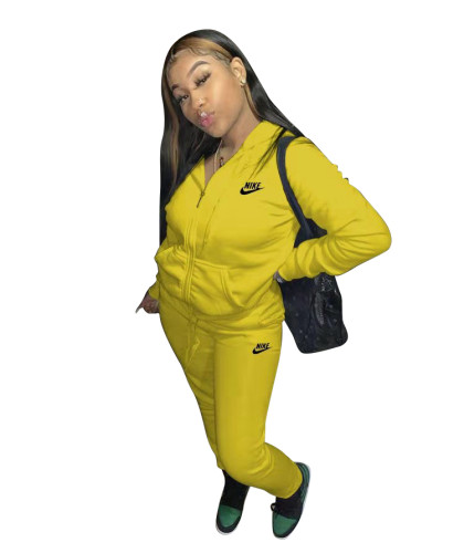 Casual Yellow Nike Clothes Lounge Wear Sports Embroidery Hoodie Women Sweat Suit Set