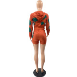 Women's Fashion Casual Orange Printed Pattern Sports Two Piece Hoodies Set