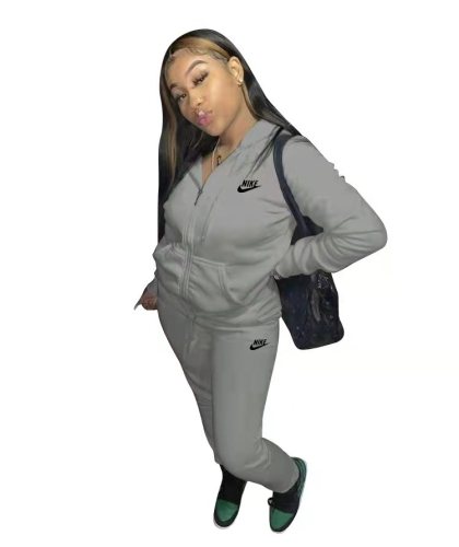 Casual Grey Nike Clothes Lounge Wear Sports Embroidery Hoodie Women Sweat Suit Set