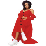 Casual Red Sweet Solid Joint Buckle Flounce Spaghetti Strap Maxi Dresses