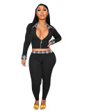 Solid Color Black Turn-down Neck Two Piece Women's Clothing