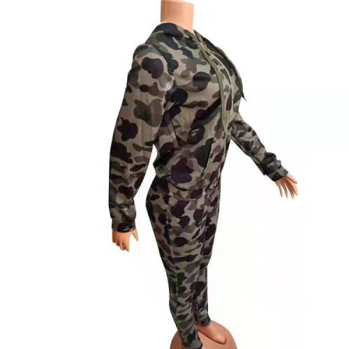 Casual Camouflage Nike Clothes Lounge Wear Sports Embroidery Hoodie Women Sweat Suit Set