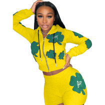 Women's Fashion Casual Yellow Printed Pattern Sports Two Piece Hoodies Set